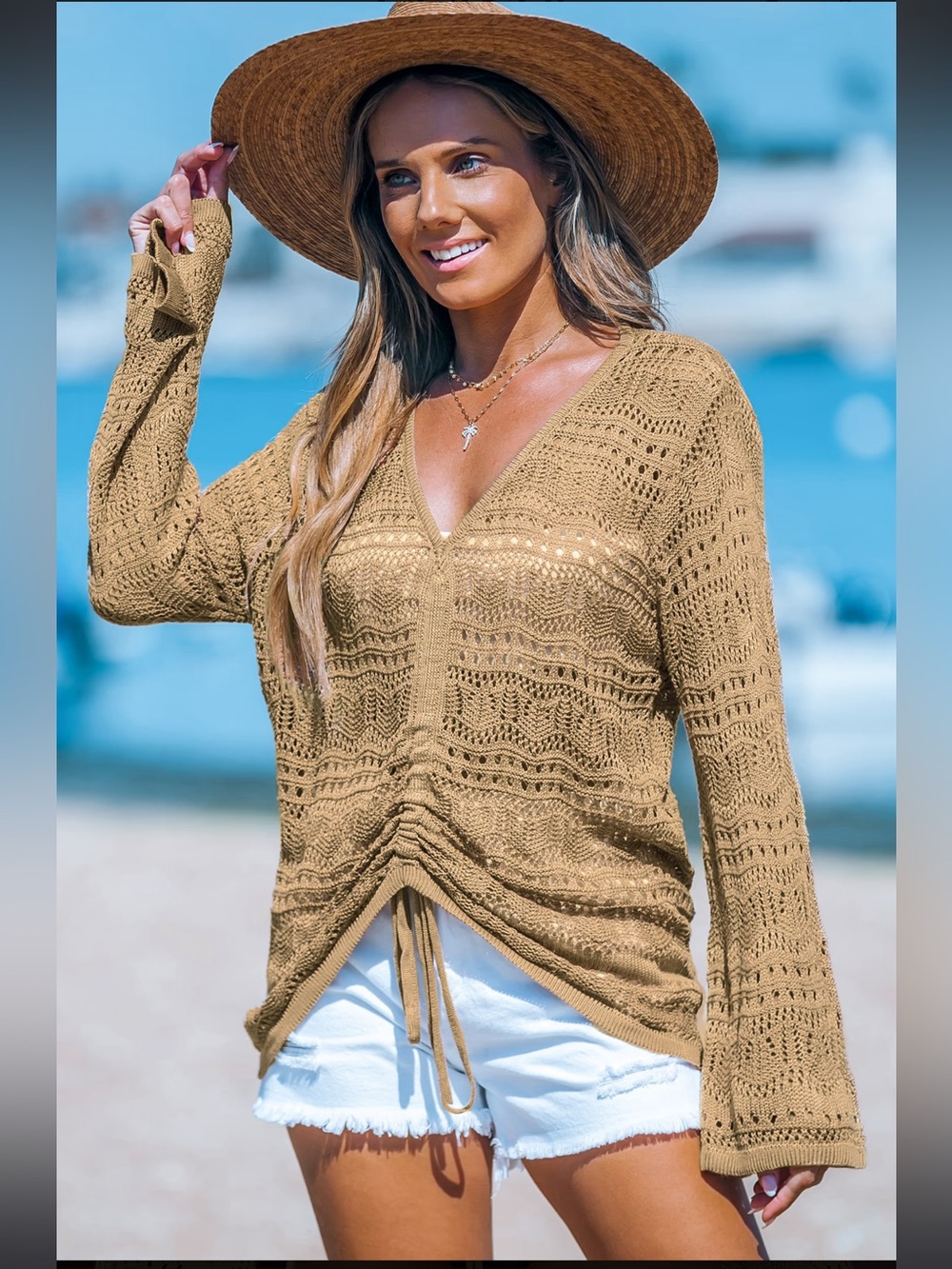 Cupshe Beige Crochet Drawstring Swim Coverup - Picture 10 of 15